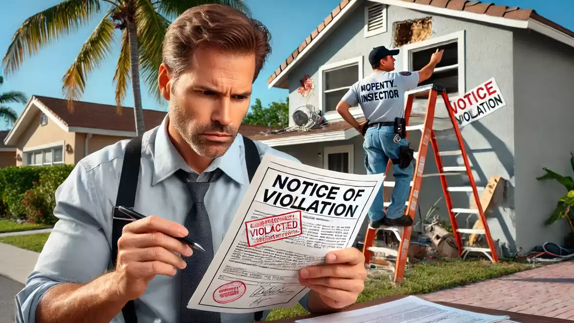 A man looks worriedly at a violation notice while an inspector checks a house in the background.