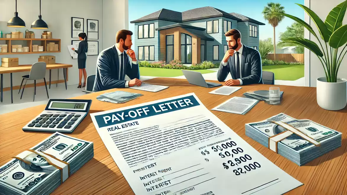 Two businessmen discussing a real estate contract in a modern office. On the table are stacks of money and a payoff letter, with a luxurious house in the background.