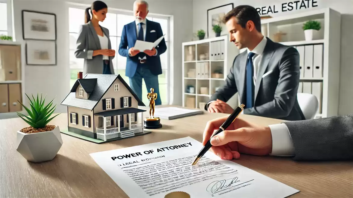 An office with three people in formal attire. One person is signing a power of attorney at a table with a model house and a plant. In the background, two other people are discussing documents.