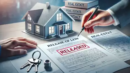 Symbolic image of a real estate contract with a model house, keys, and a release stamp. A hand is signing the contract.