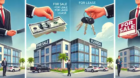 Illustration of office buildings for sale or lease, featuring real estate business symbols such as money, keys, and for sale signs.