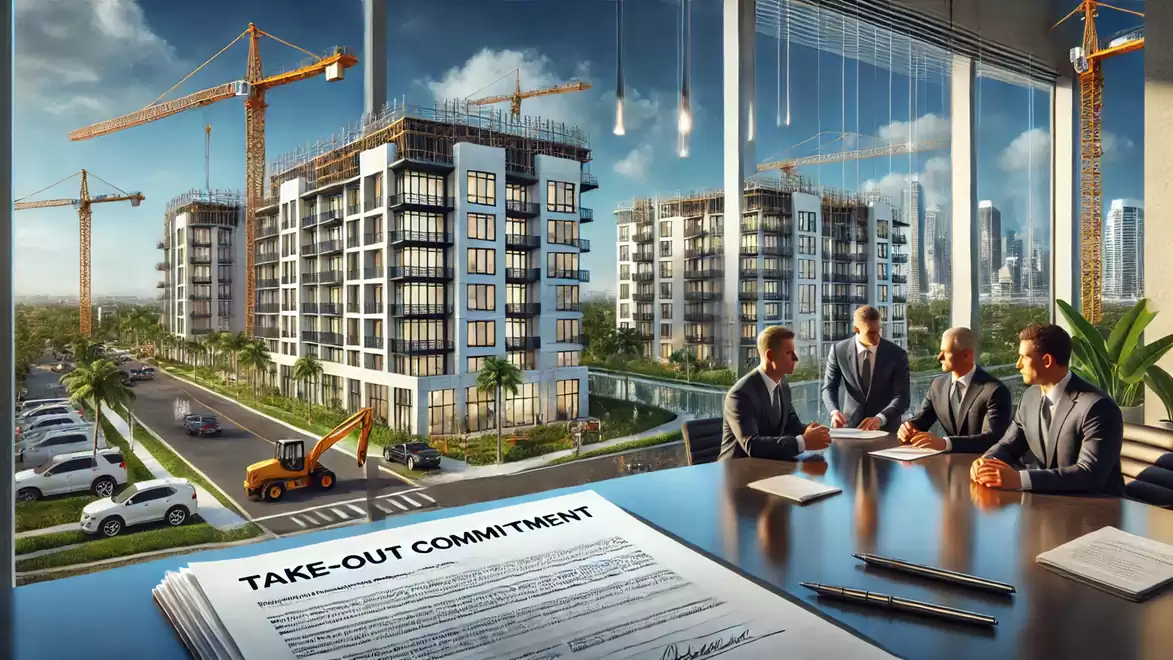 Business people in a modern office discuss construction projects with high-rise buildings and cranes in the background. A document on the table is titled 'Take-Out Commitment'.