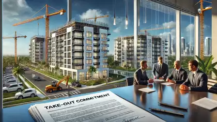 Business people in a modern office discuss construction projects with high-rise buildings and cranes in the background. A document on the table is titled 'Take-Out Commitment'.