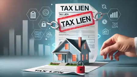 Illustration of a tax lien on a house with documents and a lock, representing bureaucracy and taxation concept.