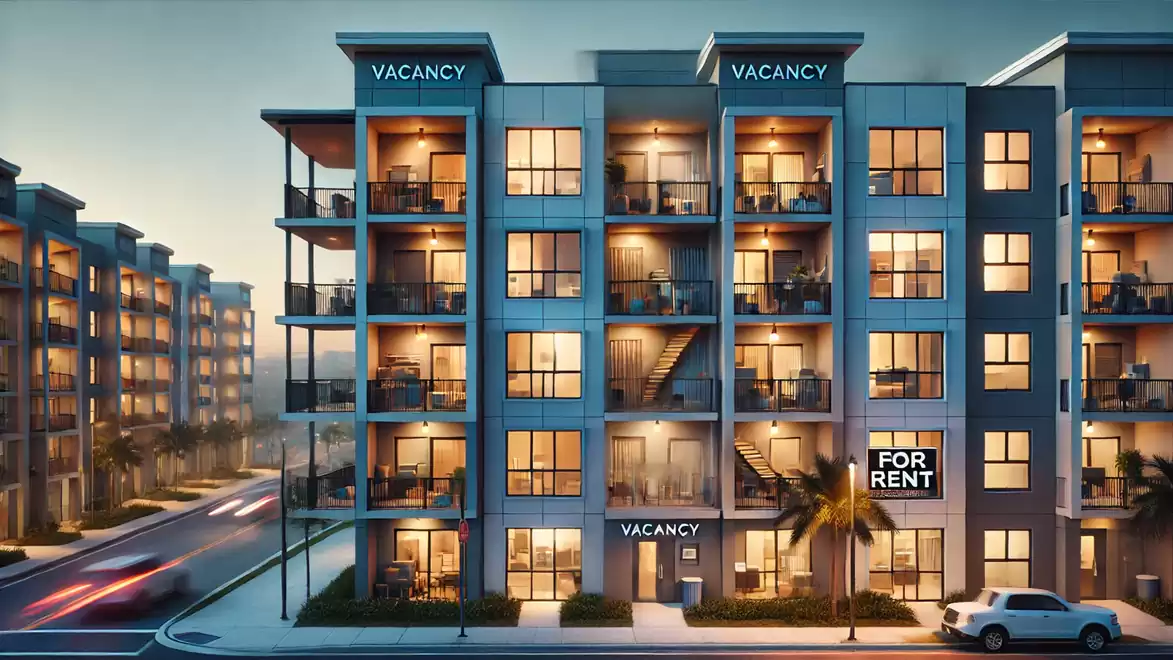 Modern residential buildings at dusk with rental signs on the facade.