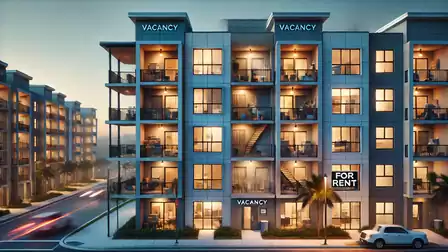 Modern residential buildings at dusk with rental signs on the facade.