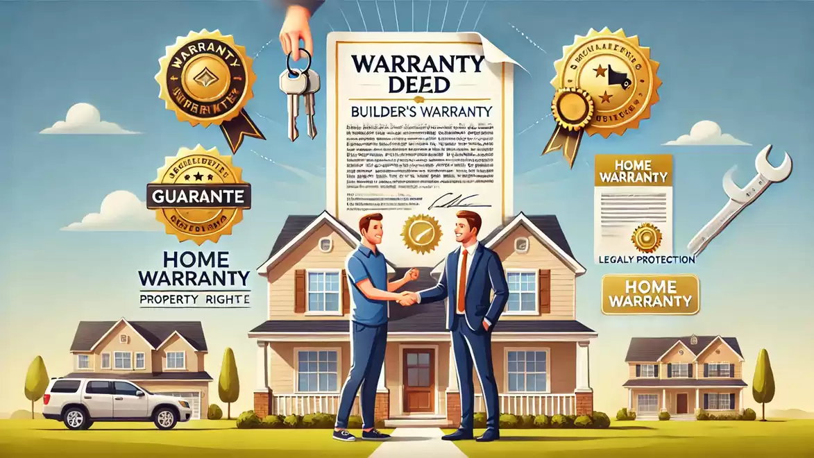 Illustration of two men shaking hands in front of a house. Around them are warranty and guarantee documents and symbols for home warranties.