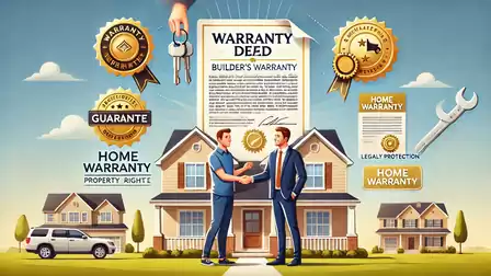 Illustration of two men shaking hands in front of a house. Around them are warranty and guarantee documents and symbols for home warranties.