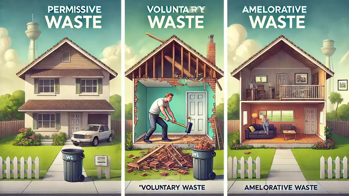 Three illustrations of a house depicting different types of waste: permissive waste, voluntary waste, and ameliorative waste.