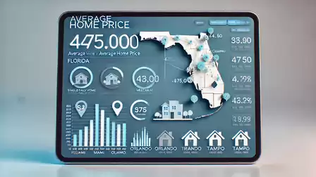 Digital display of average home prices in Florida with charts and a map.