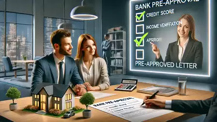 A couple in a modern office receives a pre-approval for a bank loan. A model house is on the table.
