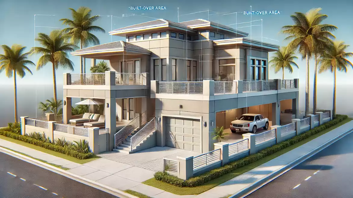 Modern architectural duplex with garage and palm trees, two-story house design.