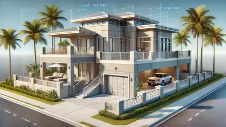 Modern architectural duplex with garage and palm trees, two-story house design.