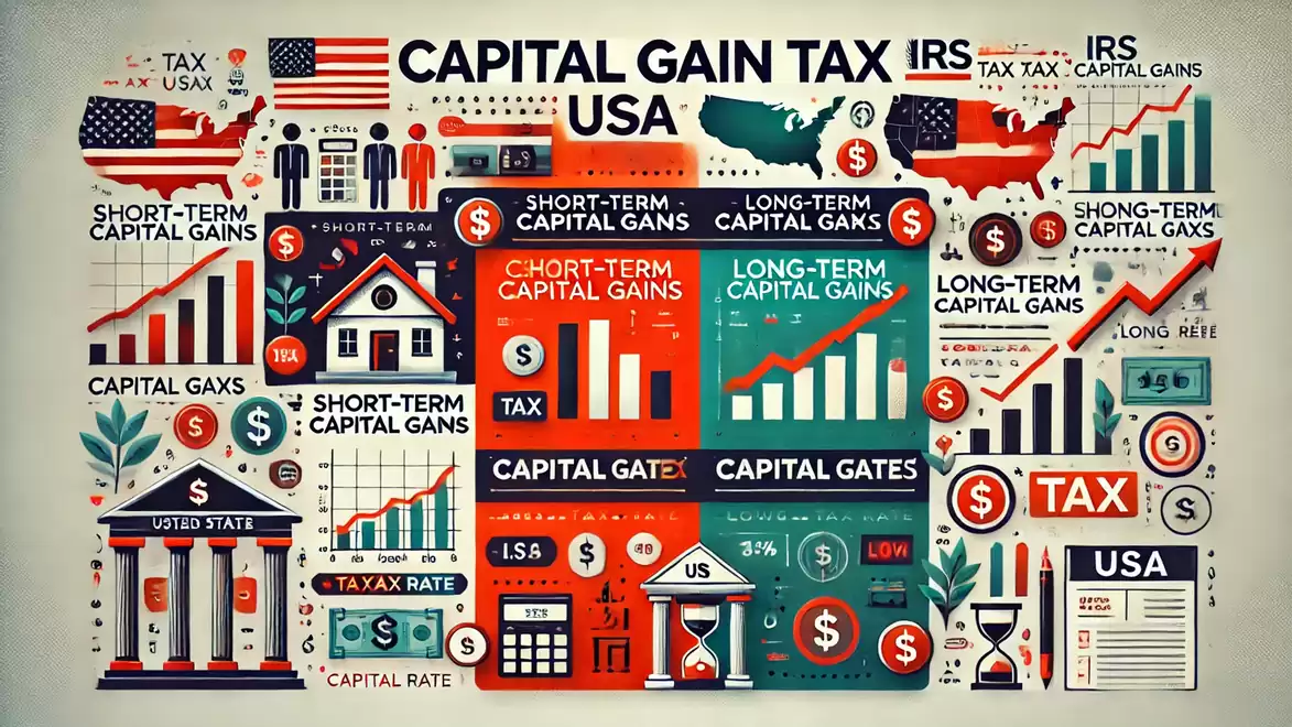 An informative infographic about capital gains tax in the USA, featuring various charts and symbols explaining short-term and long-term capital gains.