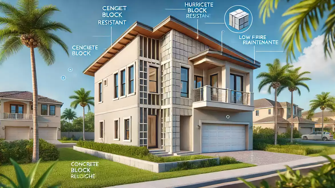 Modern two-story house with a white facade, surrounded by palm trees, marked with details about various durable building materials.