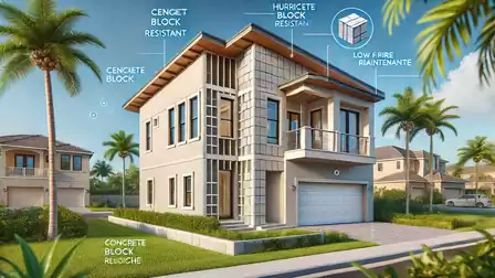 Modern two-story house with a white facade, surrounded by palm trees, marked with details about various durable building materials.
