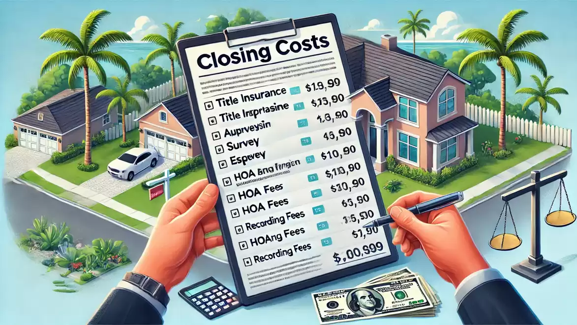 Illustration of hands holding a clipboard with closing costs, next to a house and a scale.