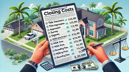 Illustration of hands holding a clipboard with closing costs, next to a house and a scale.