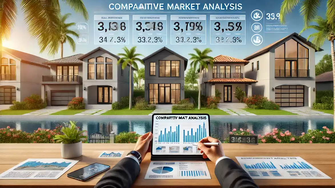 Businessman analyzing market analysis data on a laptop in front of a row of modern houses and palm trees.