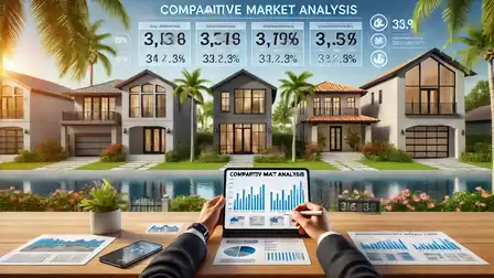 Businessman analyzing market analysis data on a laptop in front of a row of modern houses and palm trees.