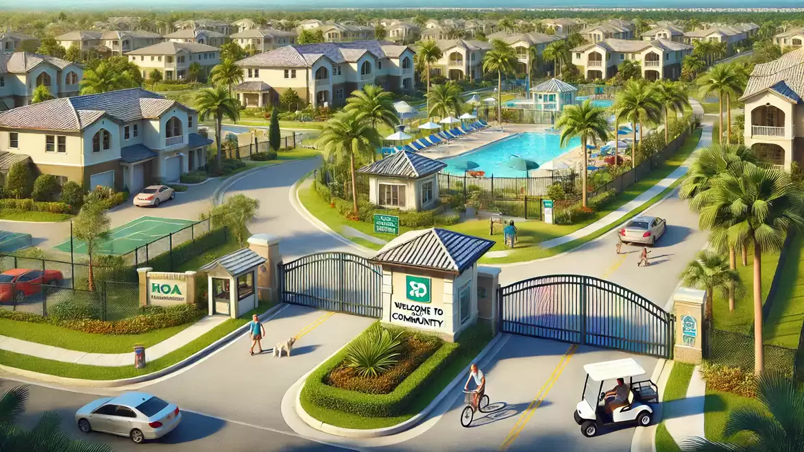 Gated community with modern houses, tennis court, and pool surrounded by palm trees.