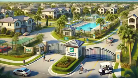 Gated community with modern houses, tennis court, and pool surrounded by palm trees.