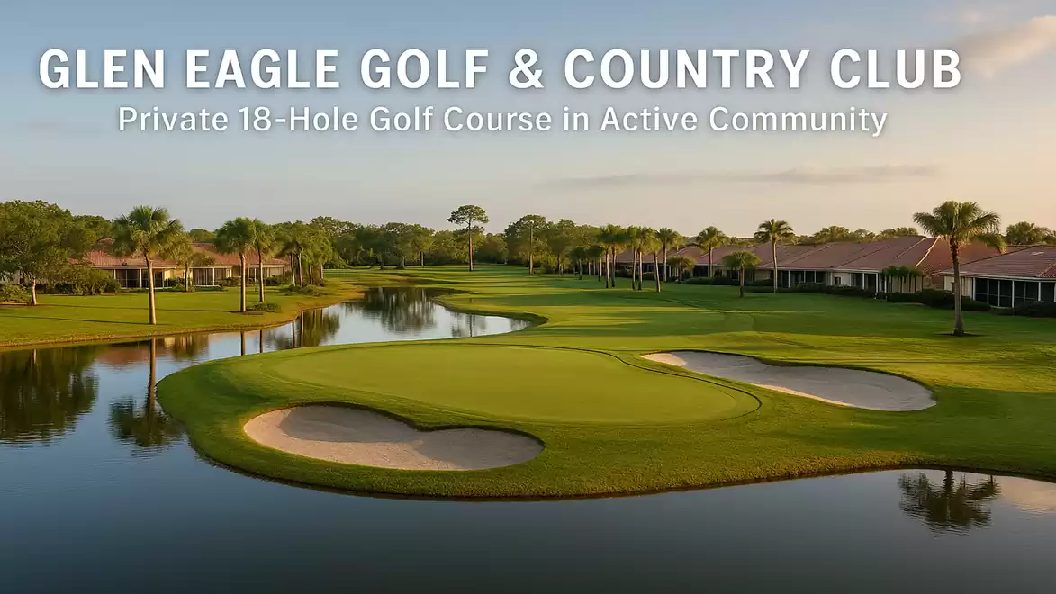 Panoramic view of a well-maintained golf course with water hazards and sand bunkers at Glen Eagle Golf & Country Club.
