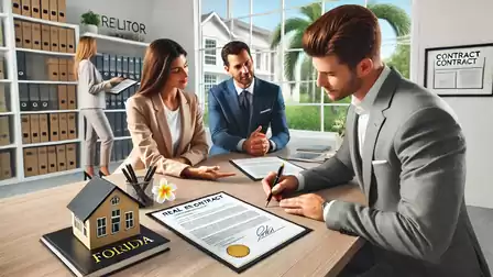 Real estate agent and couple signing a real estate contract in a modern office.
