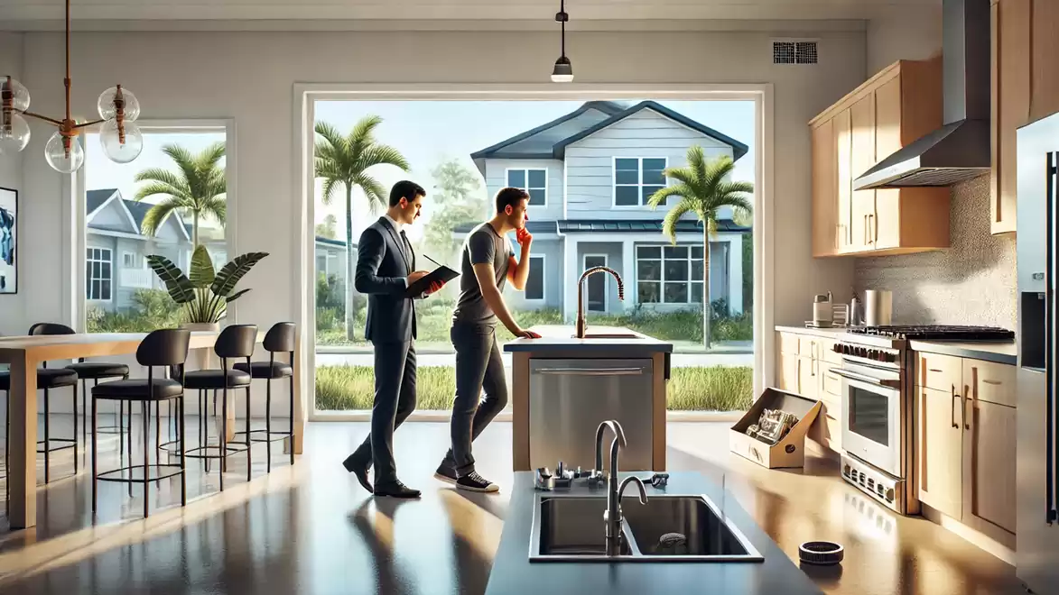 Modern kitchen with two men, one looking at a tablet and the other on the phone, large windows showing a house and palm trees.