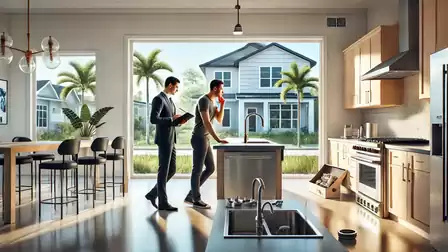 Modern kitchen with two men, one looking at a tablet and the other on the phone, large windows showing a house and palm trees.