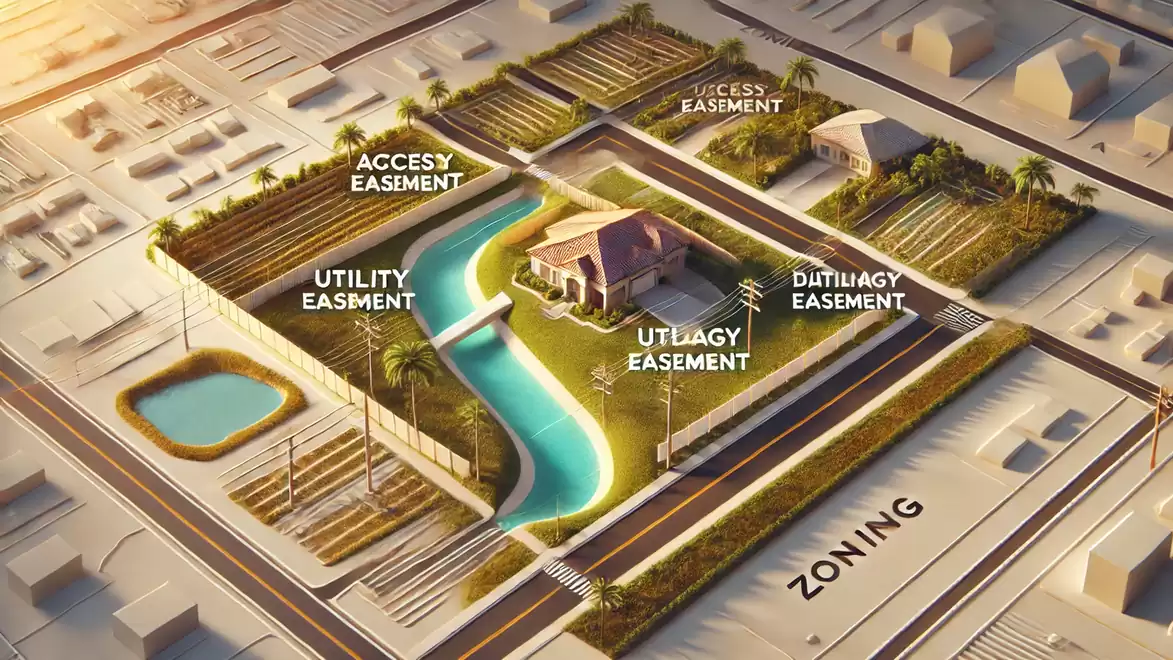 Illustration of a modern development featuring easements such as utility and access rights, as well as landscaping including a river flowing through the area.