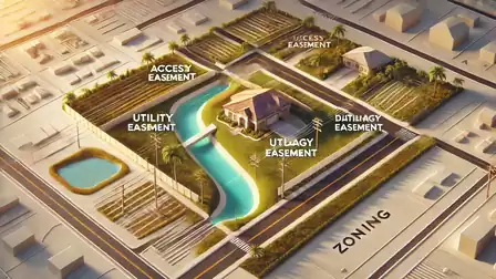 Illustration of a modern development featuring easements such as utility and access rights, as well as landscaping including a river flowing through the area.