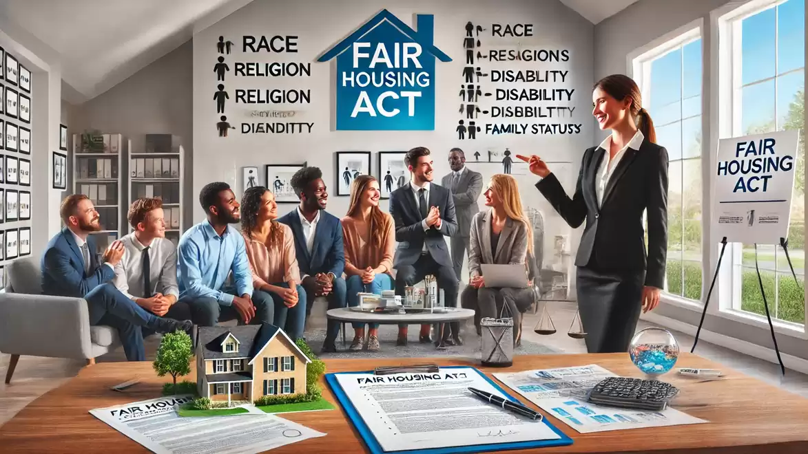 A group of people sitting in an office discussing the Fair Housing Act. In the foreground, a model house is on a table.