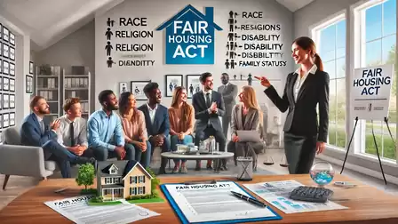 A group of people sitting in an office discussing the Fair Housing Act. In the foreground, a model house is on a table.