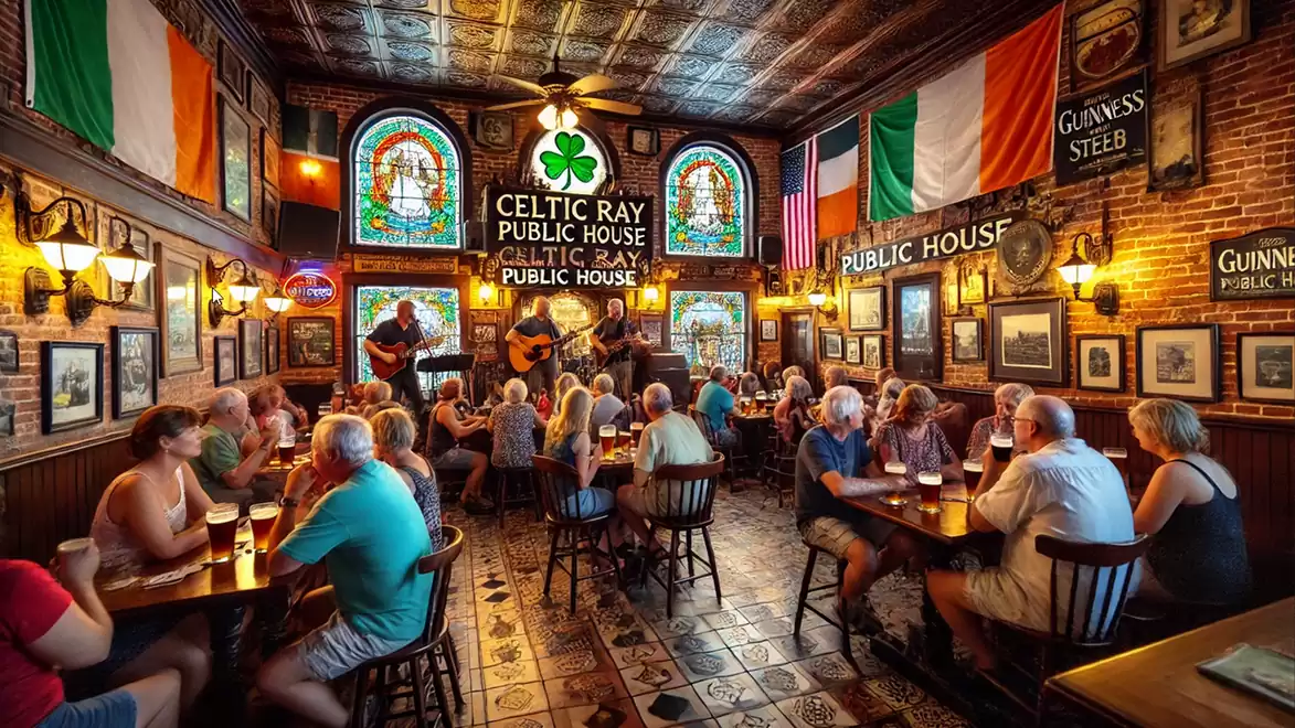 A lively pub filled with people sitting at tables watching a band perform on stage. Irish decorations and flags adorn the room.