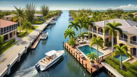 Aerial view of a luxurious canal with villas, pool, and passing boat.
