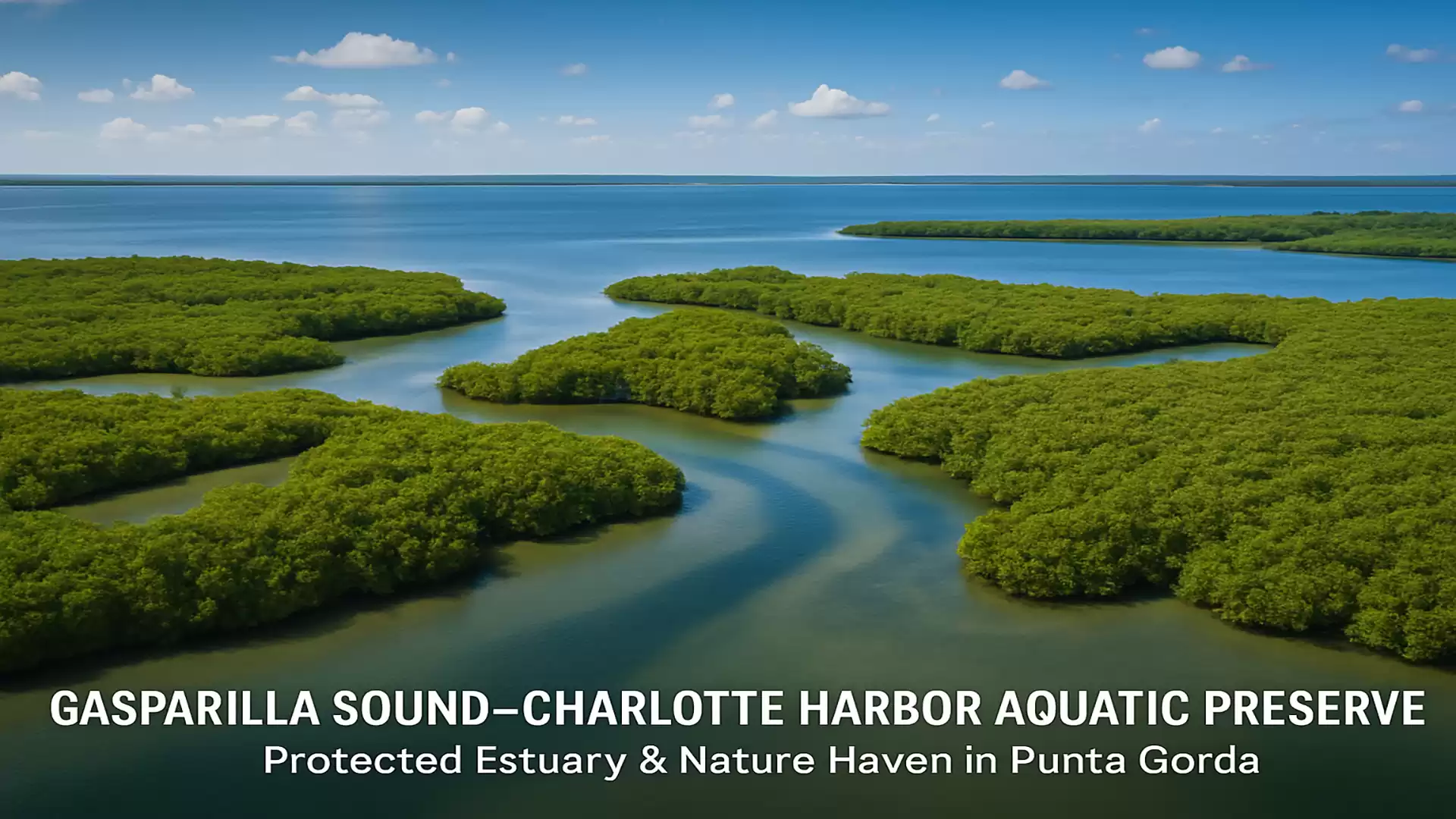 Aerial view of Gasparilla Sound-Charlotte Harbor Aquatic Preserve in Punta Gorda, featuring lush green mangroves and a winding river under a clear blue sky.