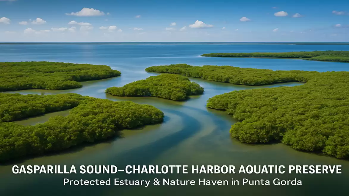 Aerial view of Gasparilla Sound-Charlotte Harbor Aquatic Preserve in Punta Gorda, featuring lush green mangroves and a winding river under a clear blue sky.