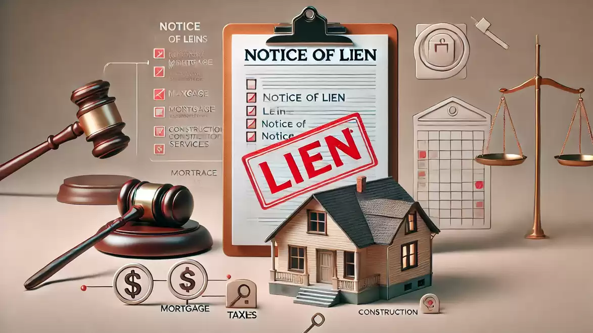 Illustration of a lien with a form, a scale, a gavel, and a house symbolizing legal and financial aspects.