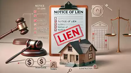 Illustration of a lien with a form, a scale, a gavel, and a house symbolizing legal and financial aspects.