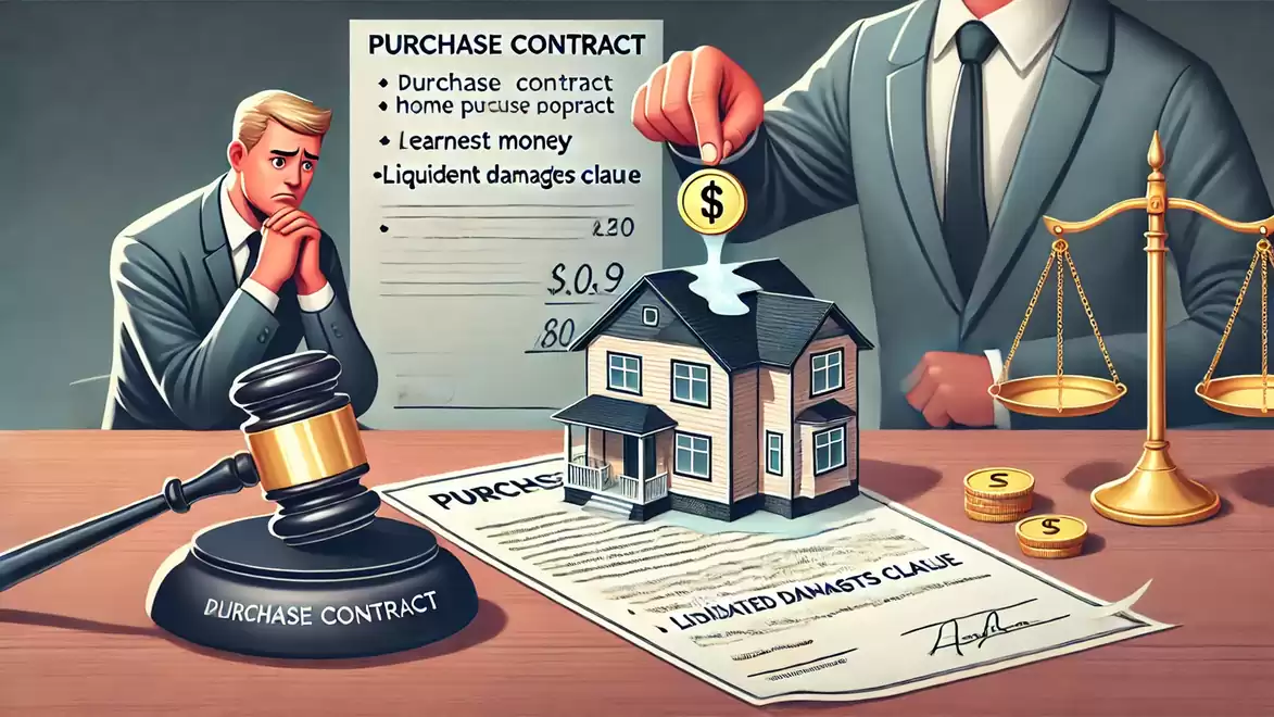 Illustration of a purchase contract process with a man in a suit next to a model house, a gavel, and a scale. One man is thoughtful while another inserts a coin into the model house.