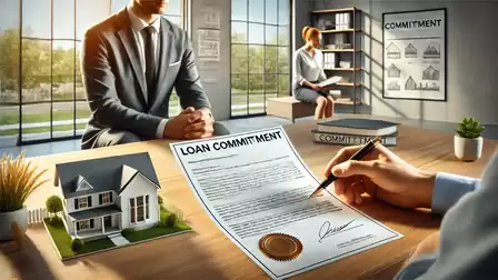 Business meeting about loan agreements with miniature house model and contract document on the table.