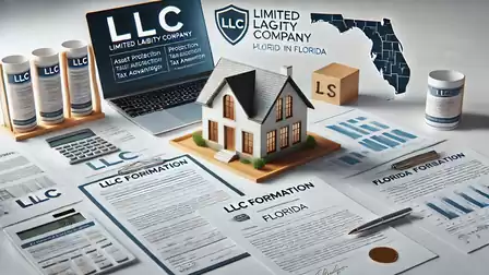 Visual representation of forming an LLC in Florida with documents, a laptop, and a model house on a table.
