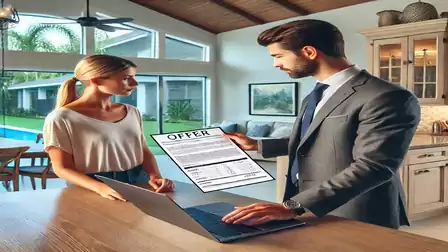 A businessman in a suit is talking to a woman in a modern living room. He is showing her an offer document.