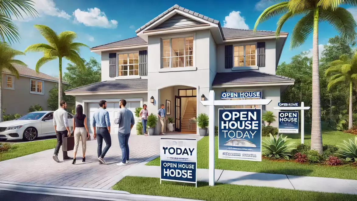 A modern two-story house with multiple open house signs. A group of people approaches the entrance.