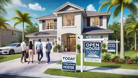 A modern two-story house with multiple open house signs. A group of people approaches the entrance.