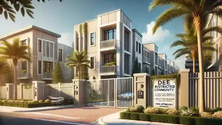 Modern residential complex with elegant buildings, palm trees, and a security gate.