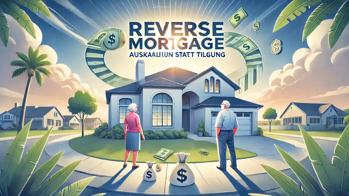 Illustration of an elderly couple in front of a house with the text 'Reverse Mortgage - Cash Out Instead of Paying Off'. Symbols for money and dollar signs are depicted around the house.