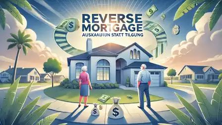 Illustration of an elderly couple in front of a house with the text 'Reverse Mortgage - Cash Out Instead of Paying Off'. Symbols for money and dollar signs are depicted around the house.