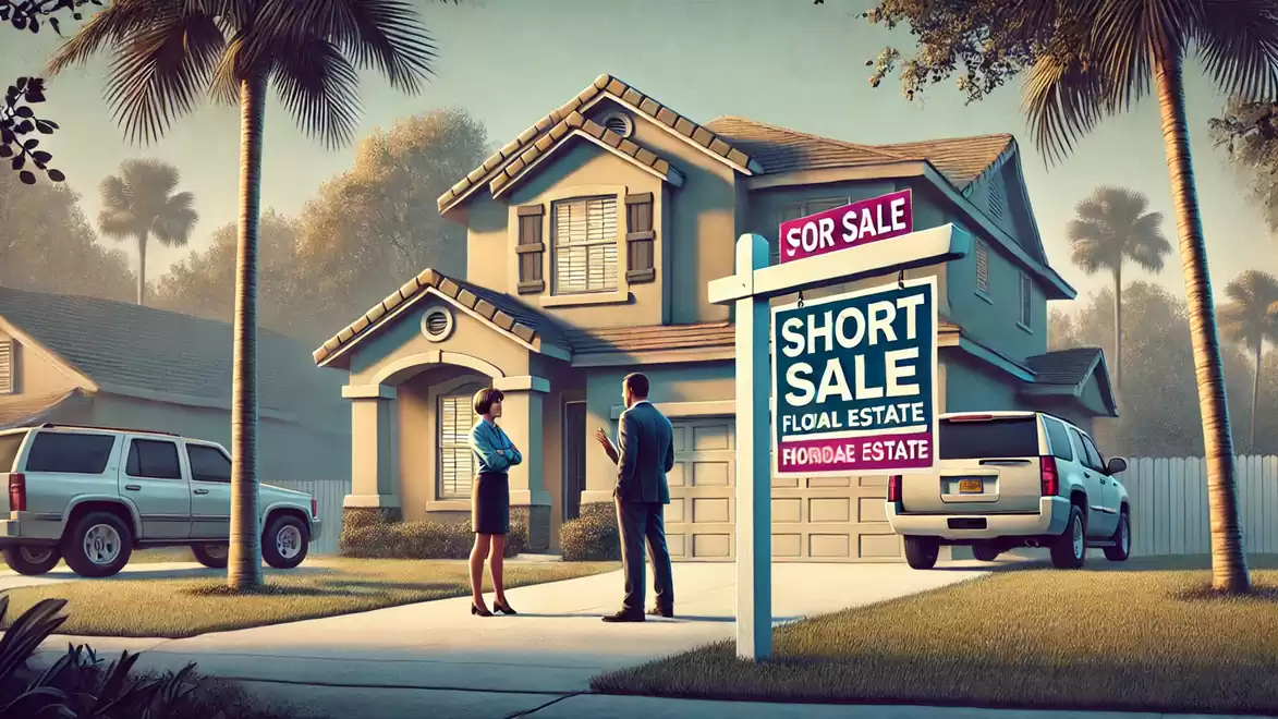 A man and a woman stand in front of a single-family home with a foreclosure sale sign in a sunny suburban area.